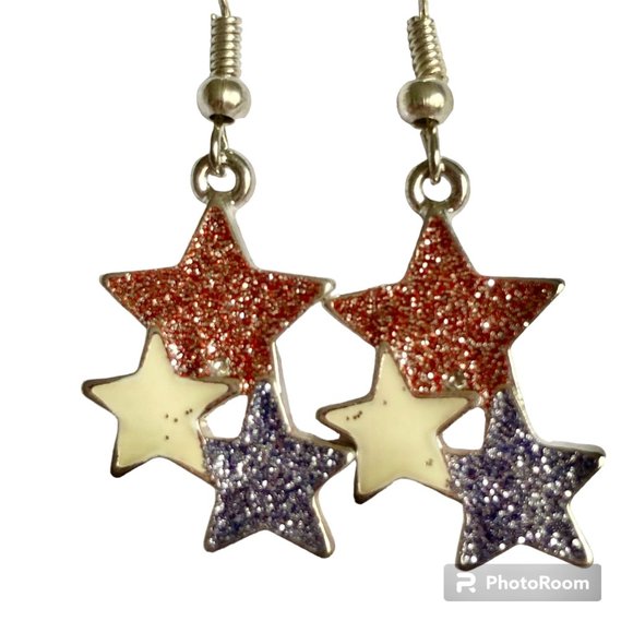 USA American Star Earrings Silver Plated 18" Patriotic July 4th Independence Day - Picture 1 of 10